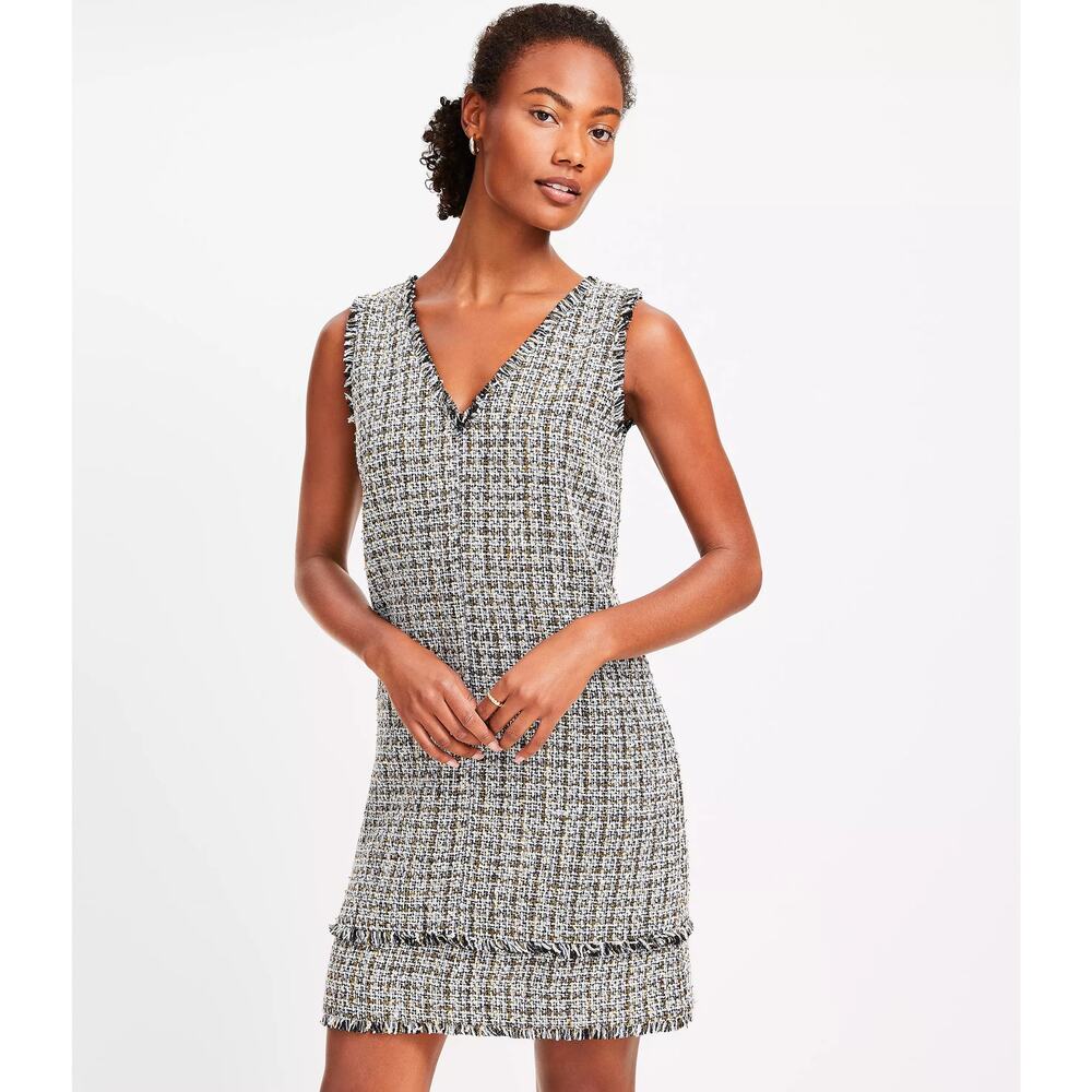 Loft Women's Metallic Fringe Tweed Double V Mini Dress Navy Blue Gold White 12